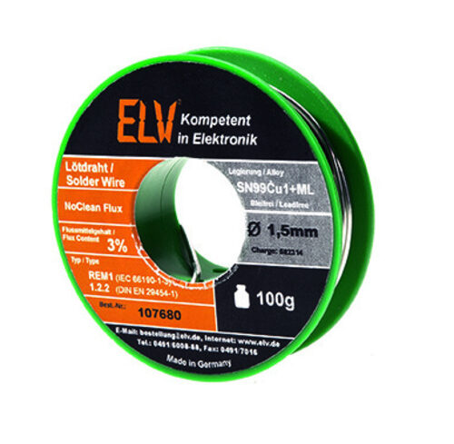 ELV No-Clean Lötzinn bleifrei Sn99Cu1+ML, 1,5 mm, 100 g
