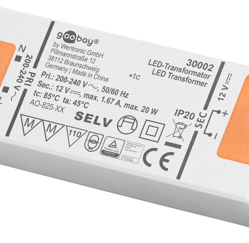 goobay LED-Netzteil / LED-Trafo, 20 W, 12 V DC, 1,67 A, Konstantspannung, IP20, ultraflach
