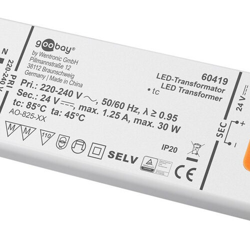 goobay LED-Netzteil / LED-Trafo, 30 W, 24 V DC, 1,25 A, Konstantspannung, IP20, ultraflach