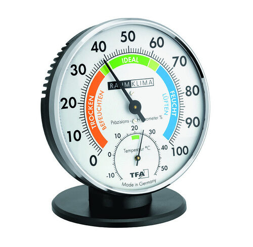TFA Analoges Thermo-Hygrometer, mit farbigen Komfortzonen, mit Standfuß