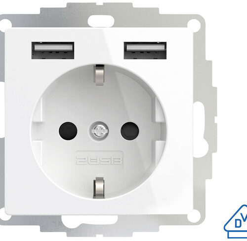 2USB Schutzkontakt-Steckdose mit 2 USB-Ports, reinweiß glänzend, 55 x 55 mm, VDE zertifiziert