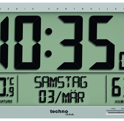 technoline XXL-Funk-Wanduhr mit Temperatur- und Luftfeuchte-Anzeige, Klartext-Wochentagsanzeige