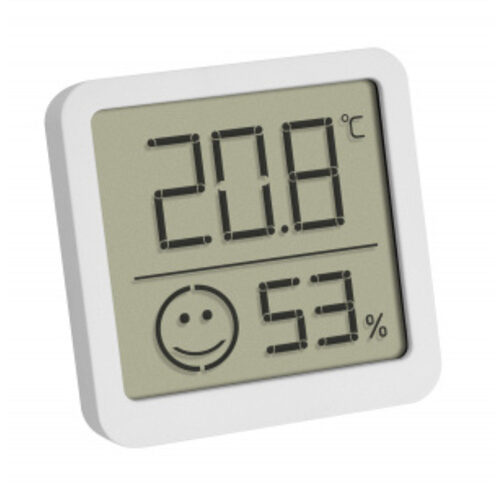 TFA Thermo-Hygrometer mit Smiley-Klimakomfortanzeige, Raumtemperatur, Luftfeuchte (rH), weiß