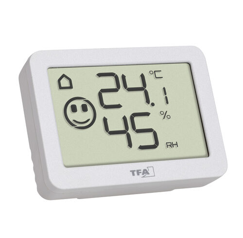 TFA Thermo-Hygrometer mit Smiley-Klimakomfortanzeige, Raumtemperatur, Luftfeuchte (rH), weiß