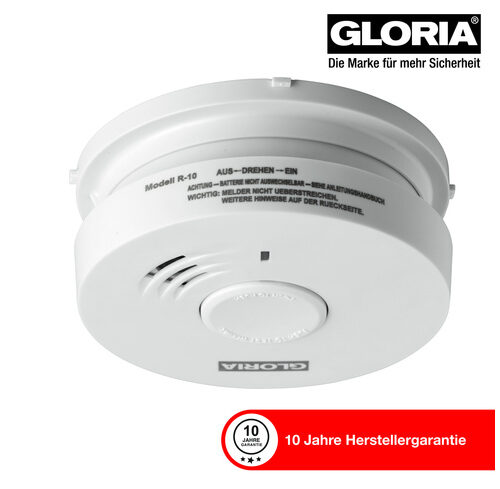 GLORIA Rauchwarnmelder R-10, 10-Jahres-Lithium-Batterie, 10 Jahre Herstellergarantie, Q-Label