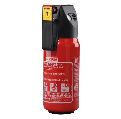 GLORIA Kompakt-Pulver-Feuerlöscher mit Manometer P1DB für Kfz und Eigenheim, Brandklassen ABC, 1 kg