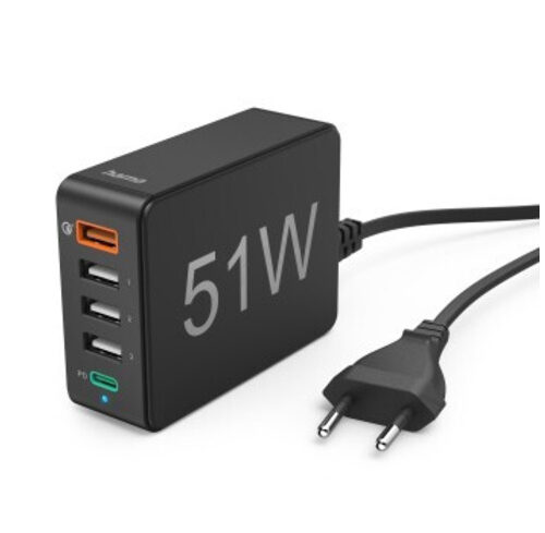 Hama Schnellladegerät 5 Ports, Qualcomm® 3.0, 1x QC 3.0, 3x USB-A, 1x USB-C PD, 51 W, Schwarz