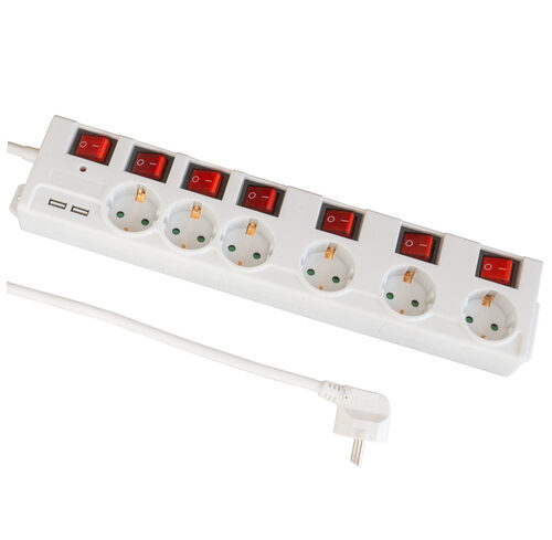 FeinTech 6-fach Steckdosenleiste mit Überspannungsschutz, einzeln schaltbar, 2x USB-A, 1,4 m Kabel