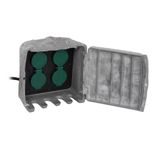 Gartensteckdose, Steinoptik, IP44, eckig, 4-fach Steckdose, grau
