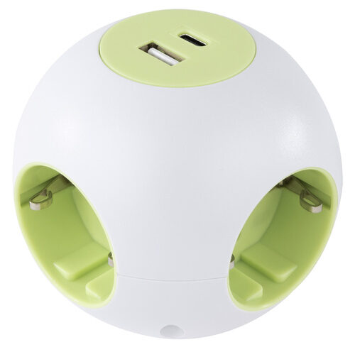 REV Ritter Kugelsteckdose Powerglobe 4-fach, 1,4m, 2 x USB (Typ A und C), Weiß-Grün