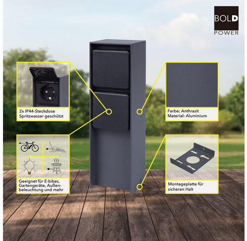 ABANO Steckdosensäule 2-fach, Aluminium, IP44, Anthrazit