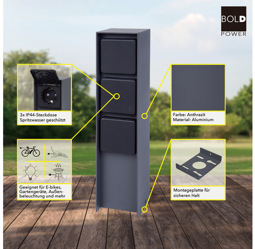 ABANO Steckdosensäule 3-fach, Aluminium, IP44, Anthrazit