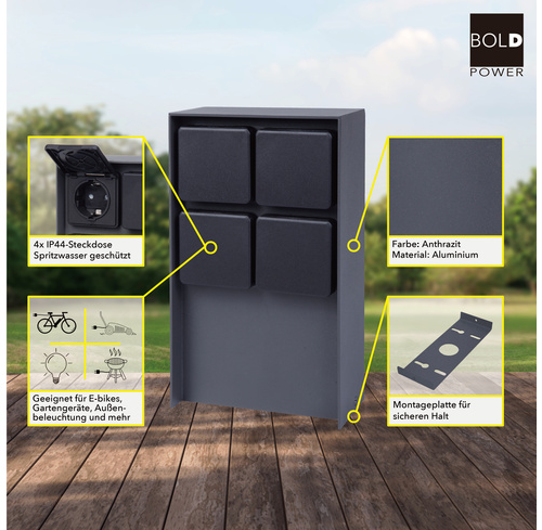 ABANO Steckdosensäule 4-fach, Aluminium, IP44, Anthrazit