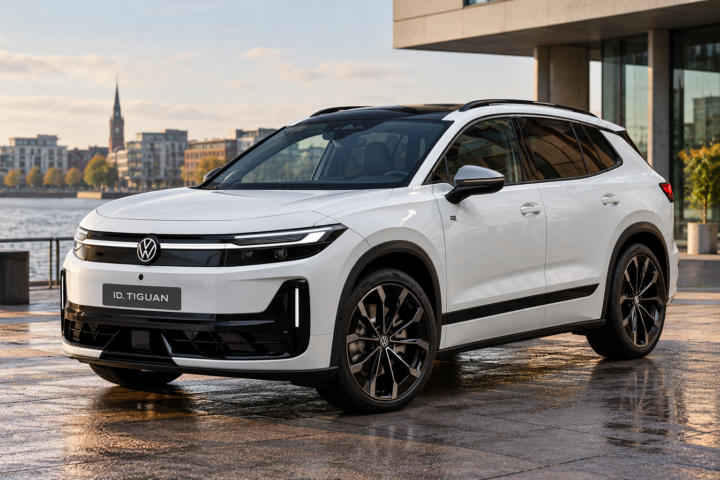 Weißer VW ID. Tiguan am Hafen